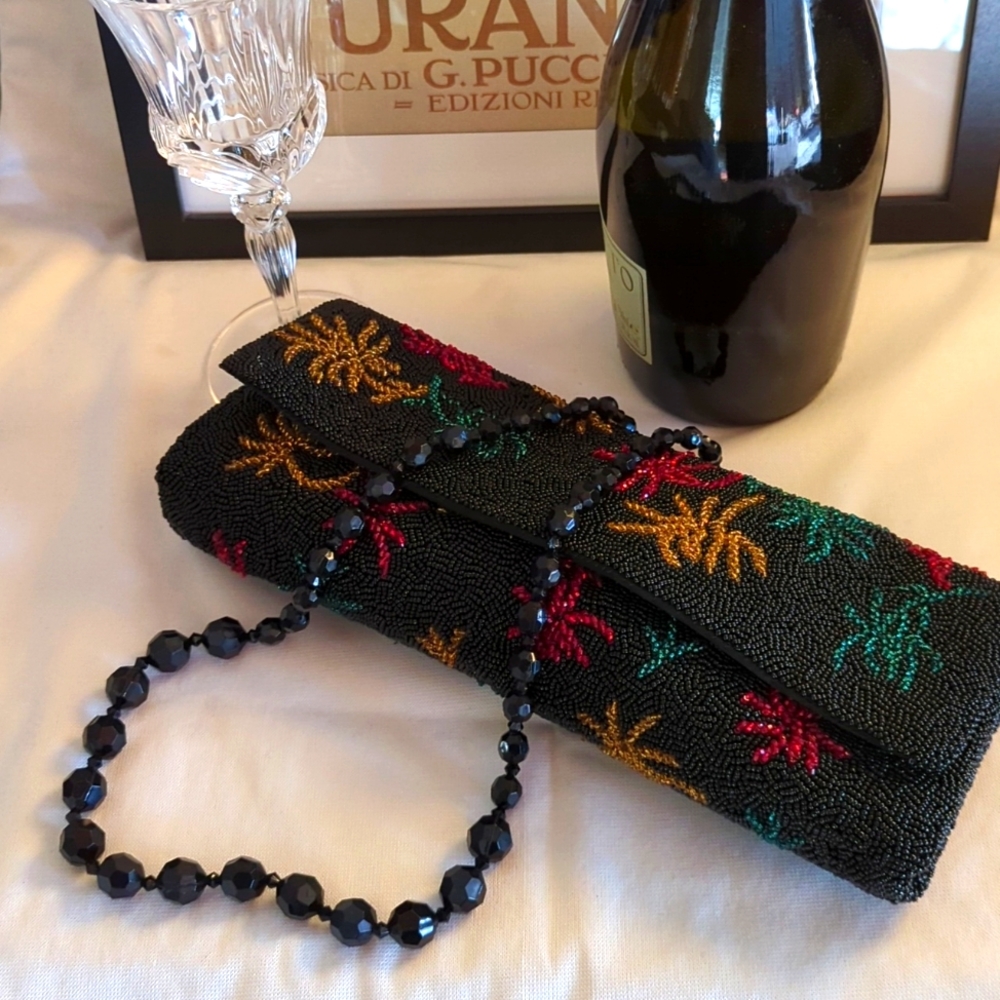 Vintage Black Beaded Evening Baguette Clutch Purse w/ Red, Gold and Green Detail